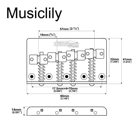 Wilkinson M Series 57mm(2-1/4 inch) Top-loading 4-String Fixed Bass Bridge Brass Saddles for Precision Bass and Jazz Bass