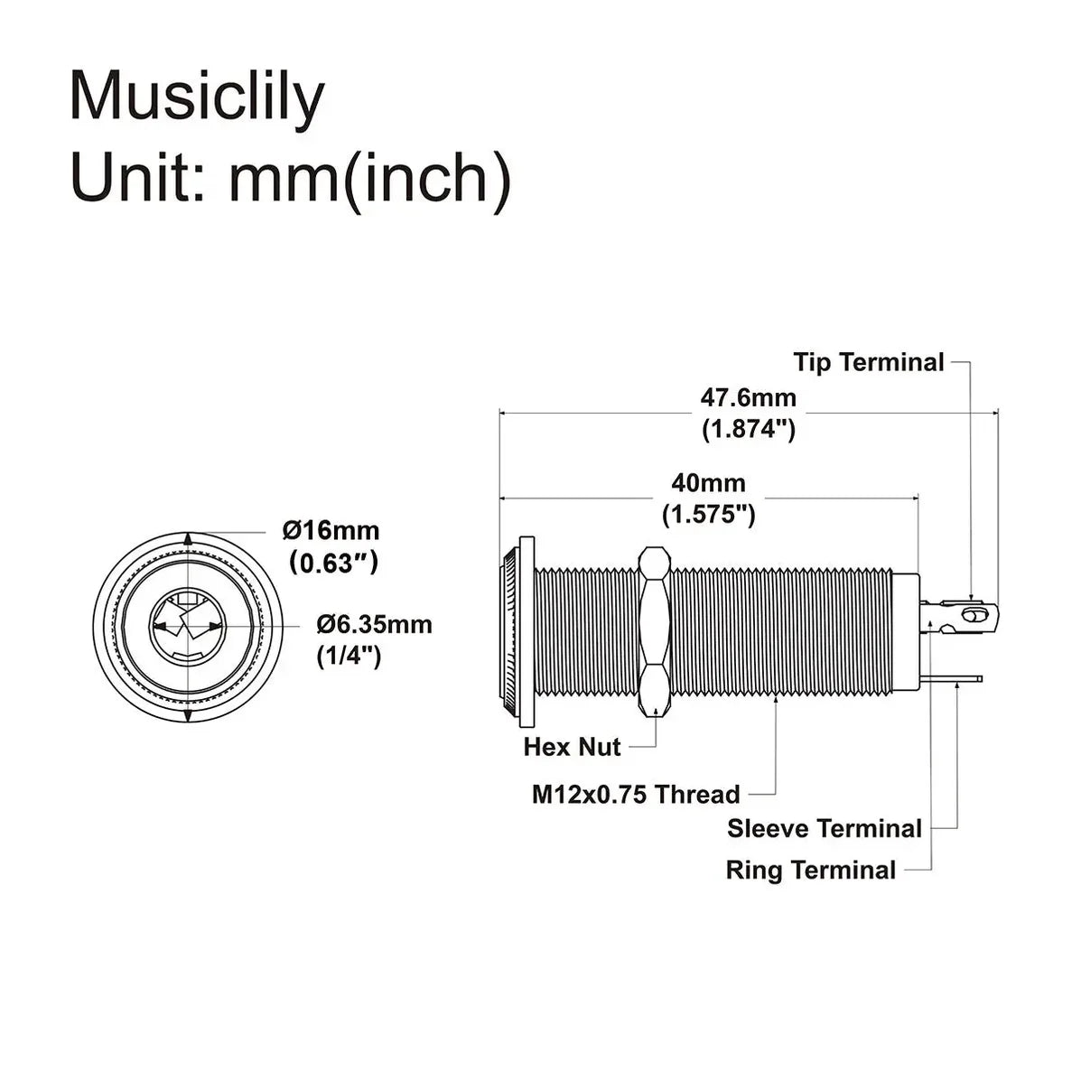 Musiclily Pro 1/4 inch 6.35mm Cylinder Mono Output Jack Socket for Electric Guitar Bass