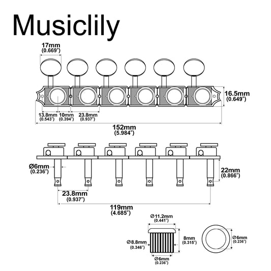 Musiclily Pro R18T-10 6-in-line 18:1 Ratio Semi Closed Vintage Hybrid Style Locking Machine Heads Tuners with Oval Button for Fender Squier Strat Tele Style Electric Guitar