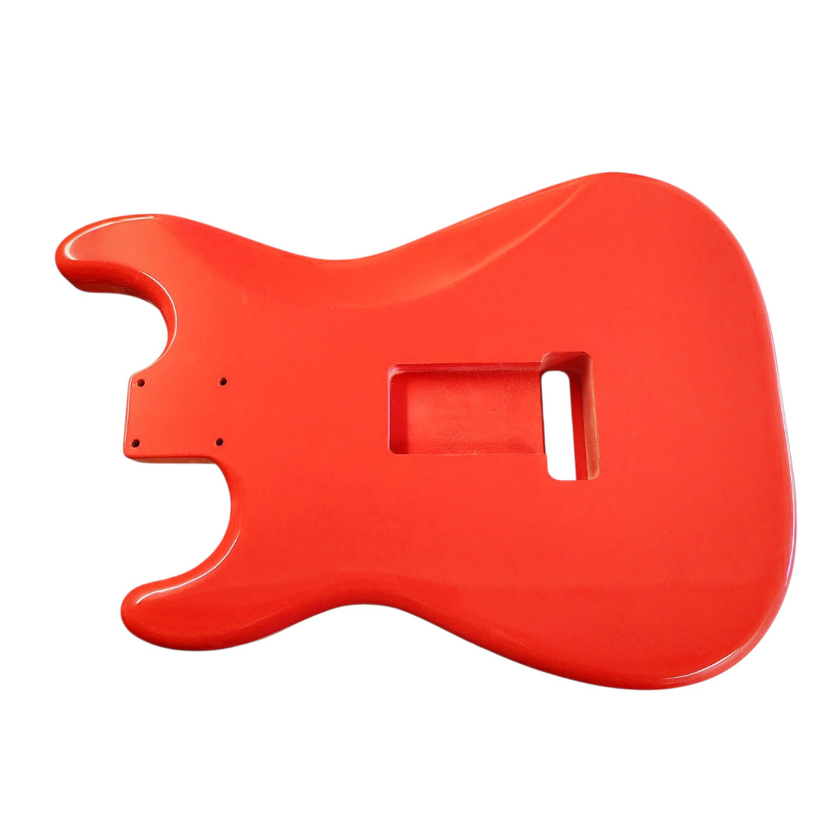 Fiesta Red nitro S-Style guitar body – tremolo route with pre-drilled holes