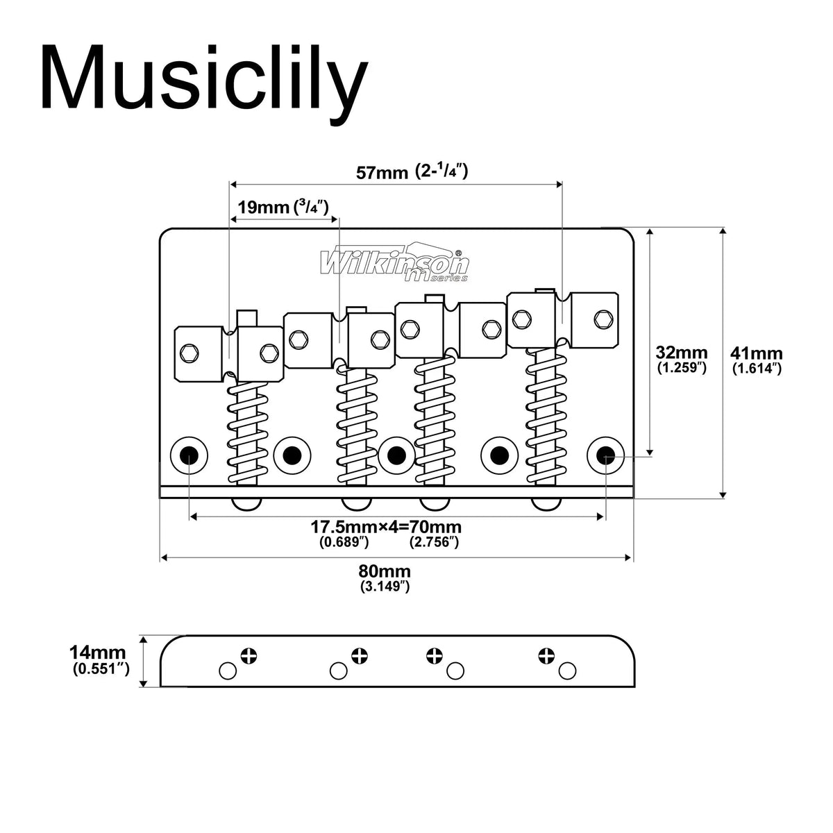 Wilkinson M Series 57mm(2-1/4 inch) Top-loading 4-String Fixed Bass Bridge Brass Saddles for Precision Bass and Jazz Bass