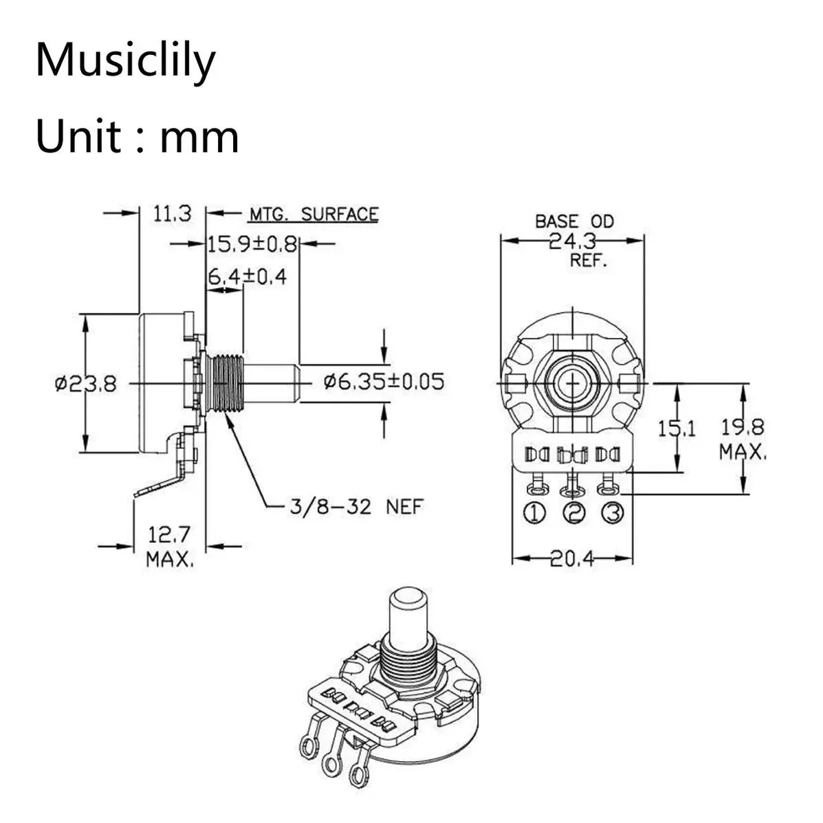 CTS 450G A250K Pot Brass Solid Short Shaft 1/4 Inch 10% Audio Taper Potentiometer for Electric Guitar Bass