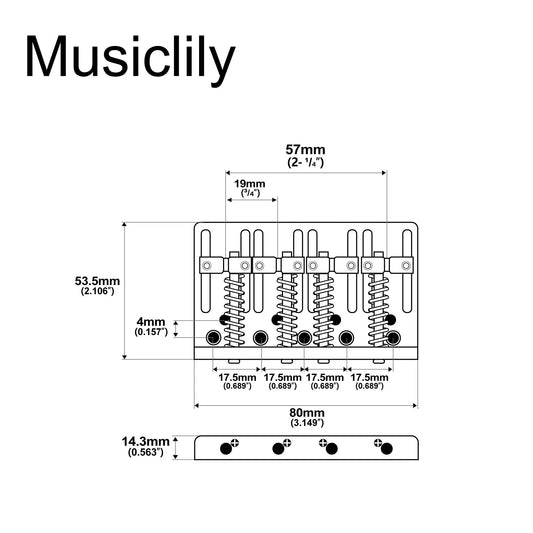 Musiclily Pro BB006 57mm (2-1/4 inch) String Spacing Hardtail Brass Saddles Zinc Alloy Plate 4-String Bass Bridge