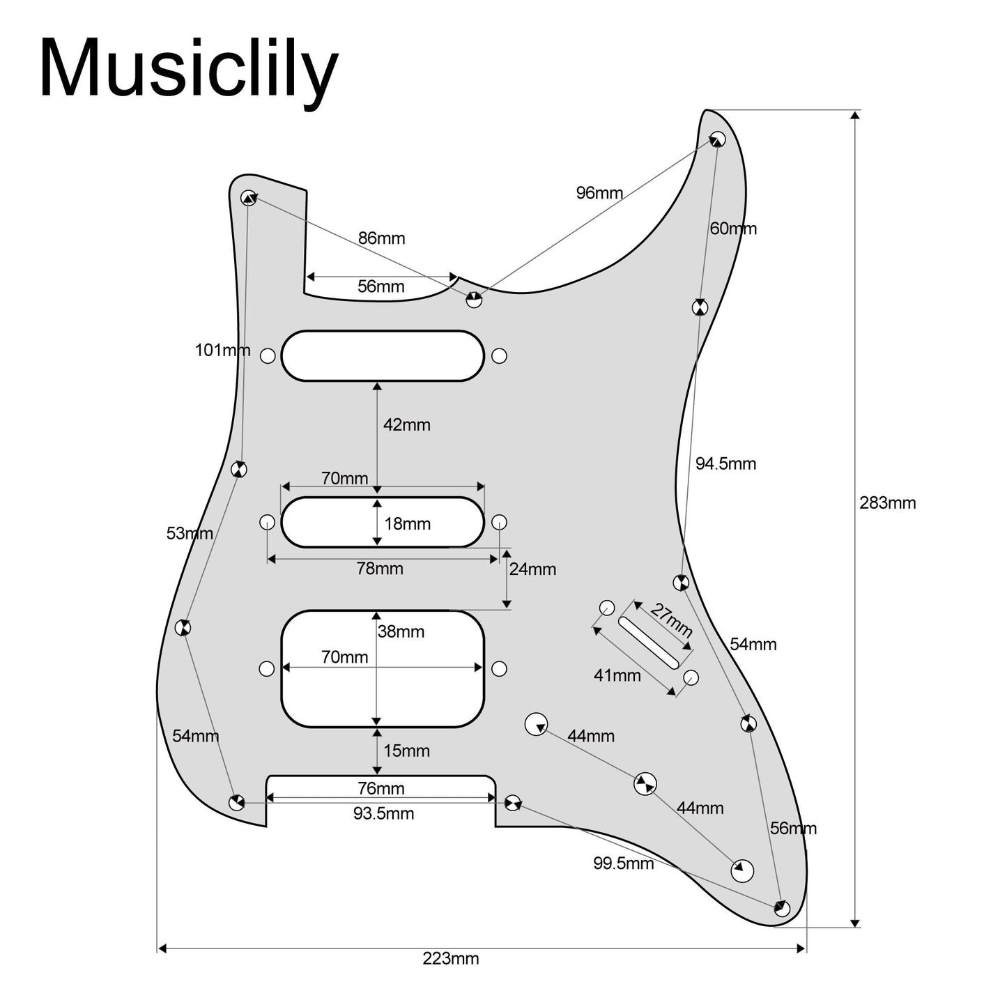 Pre-wired HSS Pickguard size dimensions