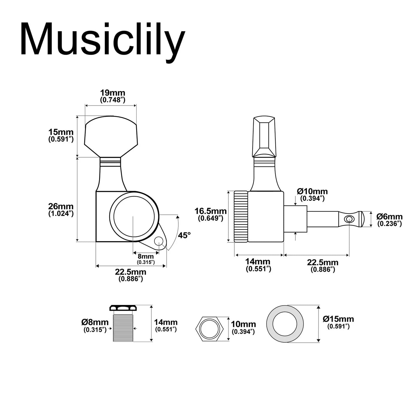 Musiclily Pro R18T 6-in-line 18:1 Ratio Full Sealed Locking Tuners with Hex Button 45 Degree Screw for Strat/Tele