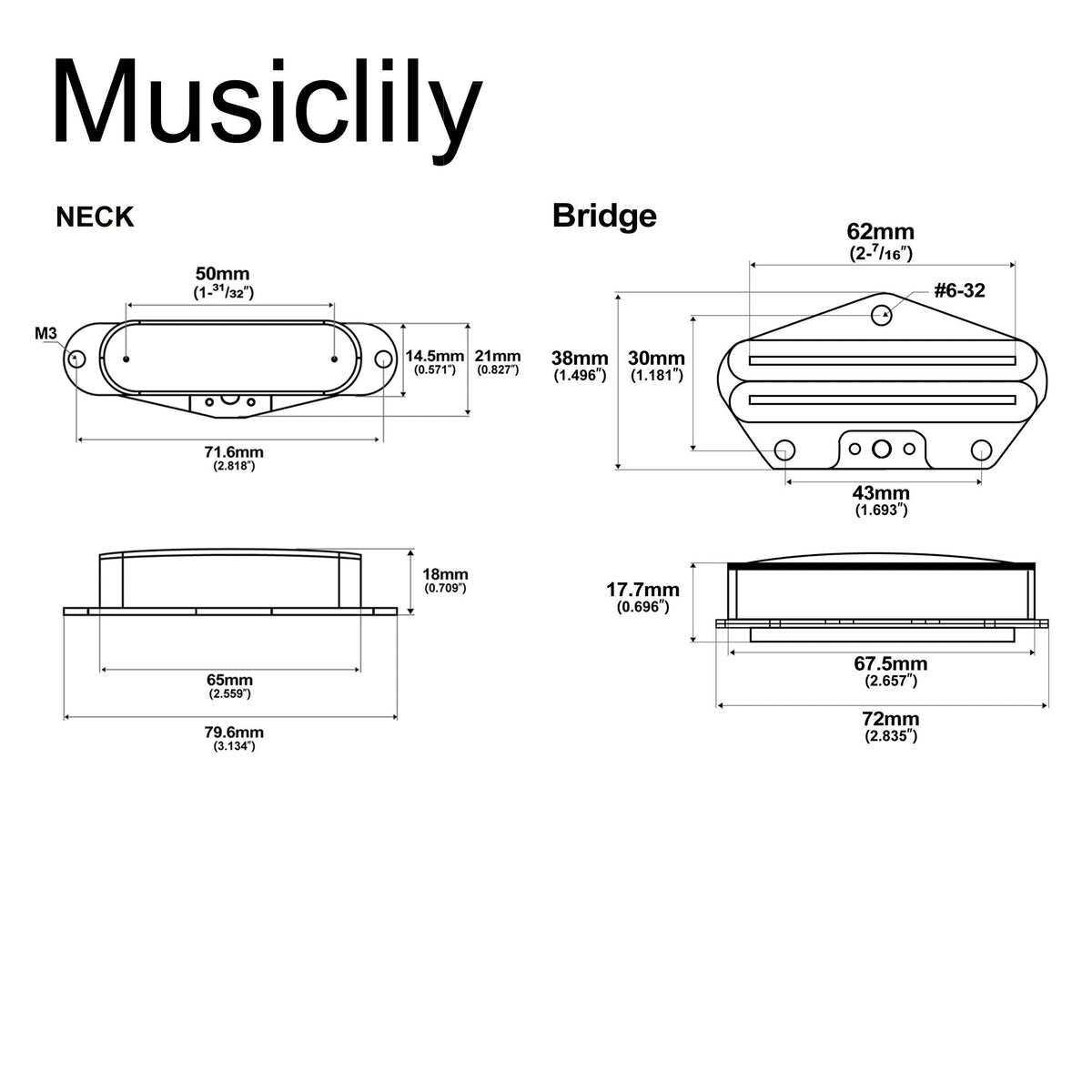 Musiclily Pro TL-DPHA Alnico 5 Single Coil Pickup and Rail Blade Single Coil Sized Humbucker Neck Bridge Pickups Set 8.2K/13.2K High Output for Tele Style Electric Guitar
