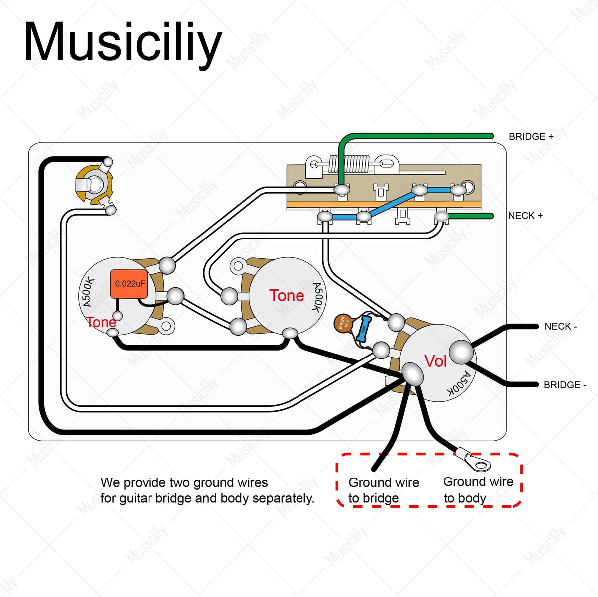Musiclily Pro Electric Guitar Pre-wired Wiring Harness Upgrade for American Style ST HH with 3-Way Switch and 3A Pots