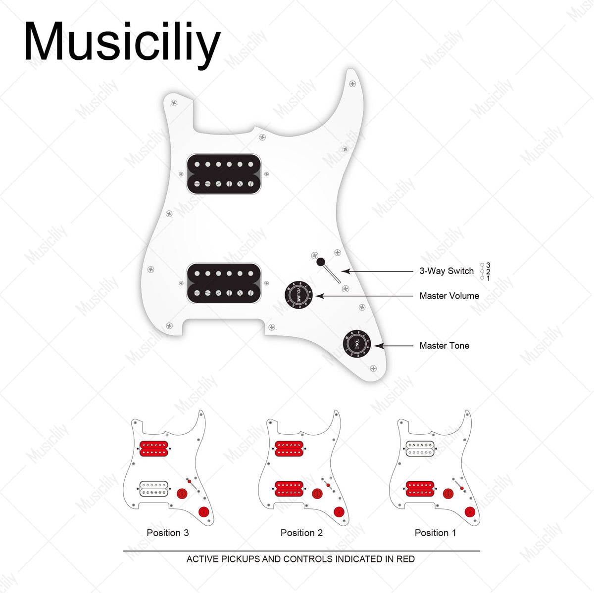 Musiclily Pro Electric Guitar Pre-wired Wiring Harness Upgrade for Import Style ST HH with 3-Way Switch and 1A1B Pots