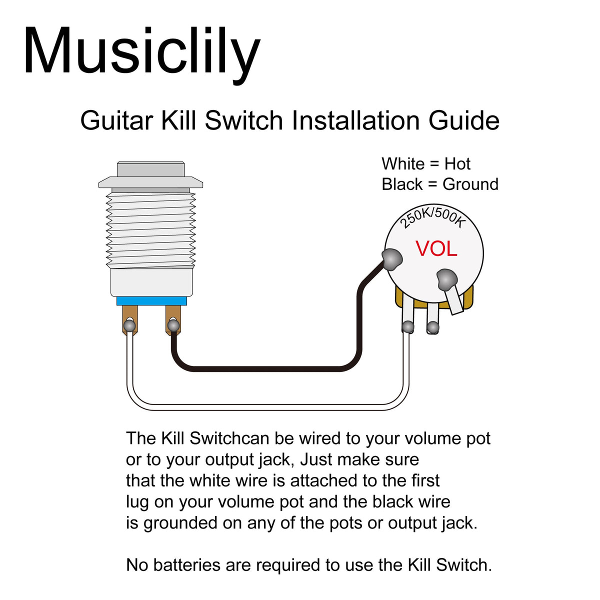 Musiclily Pro nerezový kill switch 12 mm (1/2") s okamžitým tlačidlom pre elektrickú gitaru a basgitaru
